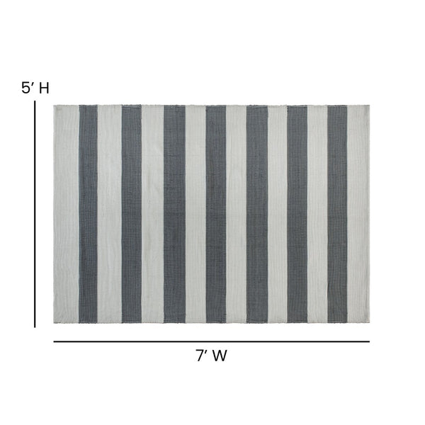 English Elm 5' x 7' Grey & White Striped Handwoven Indoor/Outdoor Cabana Style Stain Resistant Area Rug