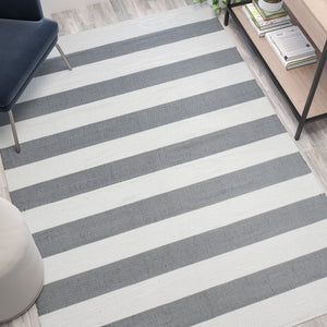 English Elm 5' x 7' Grey & White Striped Handwoven Indoor/Outdoor Cabana Style Stain Resistant Area Rug