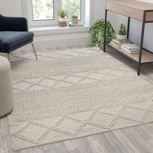 English Elm 5' x 7' Ivory & White Geometric Design Handwoven Area Rug - Wool/Polyester/Cotton Blend