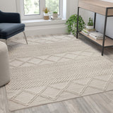 5' x 7' Ivory & White Geometric Design Handwoven Area Rug - Wool/Polyester/Cotton Blend