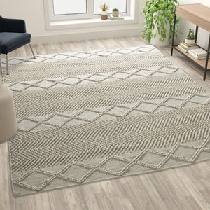 English Elm 8' x 10' & Ivory Geometric Design Handwoven Area Rug - Wool/Polyester/Cotton Blend