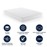 English Elm Green Tea Cooling Gel 3-Layer Memory Foam 10" Queen Mattress in a Box with CertiPUR-US Certification, Washable Cover, and Pressure Relief