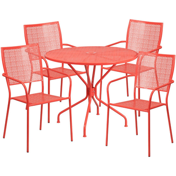 English Elm Commercial Grade Commercial Grade 35.25" Round Indoor-Outdoor Steel Patio Table Set with 4 Square Back Chairs