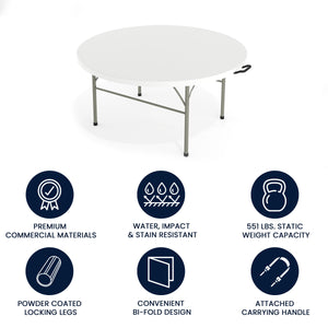 English Elm Commercial Grade 5-Foot Round Bi-Fold Plastic Folding Table with Carrying Handle