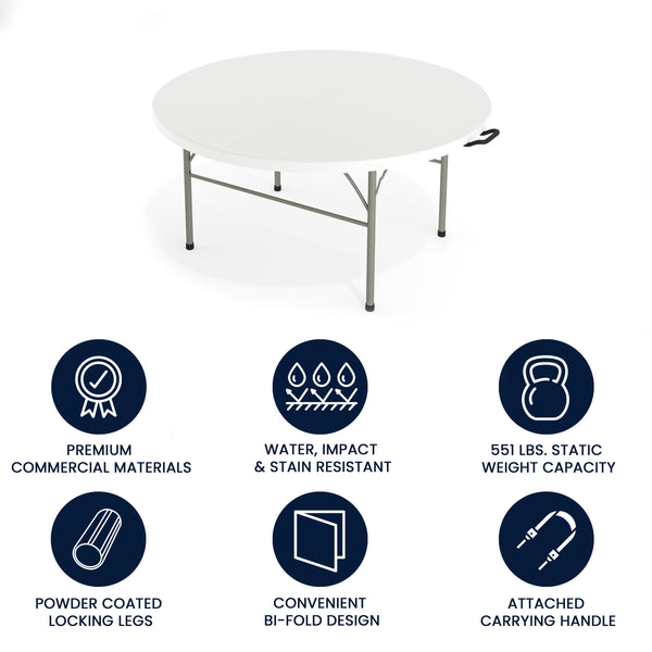 English Elm Commercial Grade 5-Foot Round Bi-Fold Plastic Folding Table with Carrying Handle