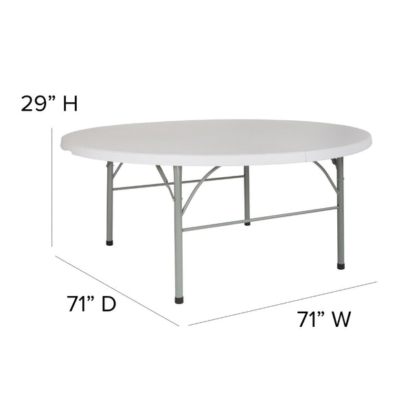 English Elm Commercial Grade 6-Foot Round Bi-Fold Plastic Banquet and Event Folding Table with Carrying Handle