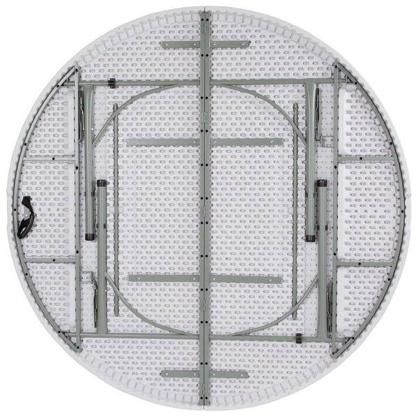 English Elm Commercial Grade 6-Foot Round Bi-Fold Plastic Banquet and Event Folding Table with Carrying Handle