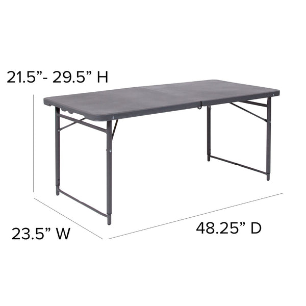 English Elm Commercial Grade 4-Foot Height Adjustable Bi-Fold Plastic Folding Table with Carrying Handle