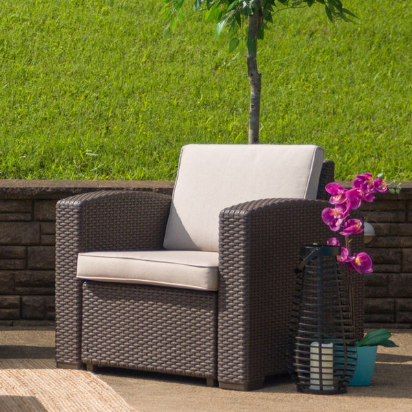 English Elm Chocolate Faux Rattan Chair with All-Weather Beige Cushion