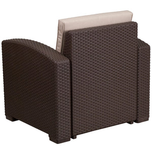 English Elm Chocolate Faux Rattan Chair with All-Weather Beige Cushion