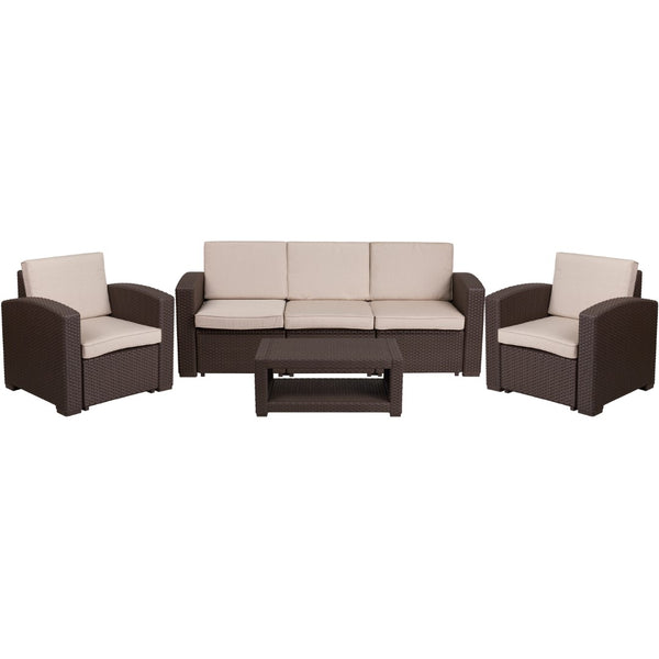 English Elm 4 Piece Outdoor Faux Rattan Chair, Sofa and Table Set