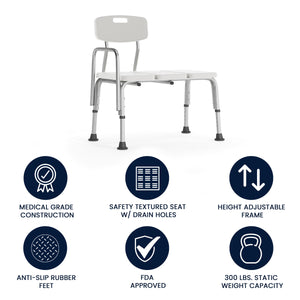 English Elm Commercial Grade Series 300 Lb. Capacity Adjustable Bath & Shower Transfer Bench with Back and Side Arm