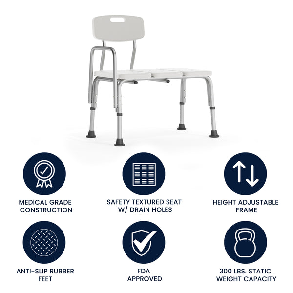 English Elm Commercial Grade Series 300 Lb. Capacity Adjustable Bath & Shower Transfer Bench with Back and Side Arm