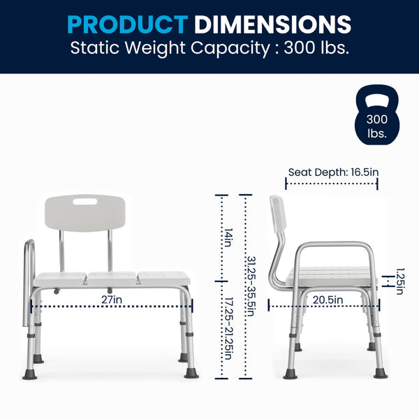 English Elm Commercial Grade Series 300 Lb. Capacity Adjustable Bath & Shower Transfer Bench with Back and Side Arm