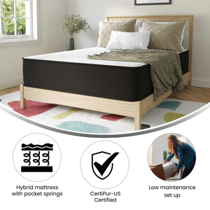 English Elm 12 Inch Hybrid Mattress, Full Size High Density Foam and Pocket Spring Mattress in a Box, CertiPur-US Certified Foam, /Black