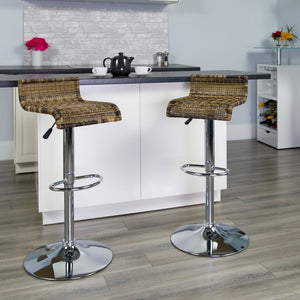 English Elm Contemporary Wicker Adjustable Height Barstool with Waterfall Seat and Chrome Base