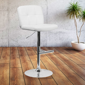 English Elm Contemporary Vinyl Adjustable Height Barstool with Square Tufted Back and Chrome Base