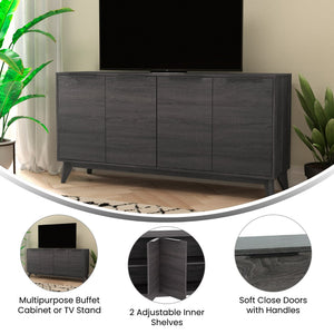 English Elm Mid-Century Modern 60 Inch 4 Door Storage Buffet Sideboard, 4 Soft Close Doors, Adjustable Shelves, TV Stand for up to 64" TV's,