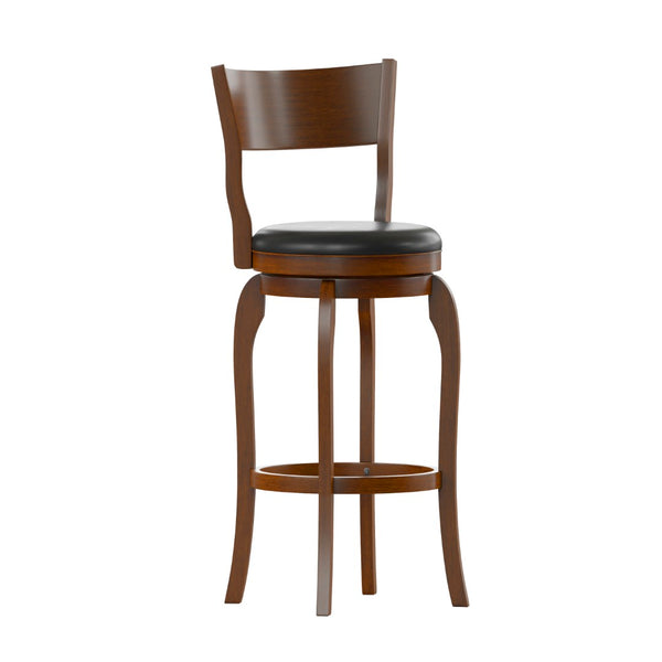 English Elm Commercial Grade Commercial Grade Classic Open Back Swivel Bar Height Pub Barstool with Bowed Wooden Frame and Padded LeatherSoft Seat, Antique Oak/Black
