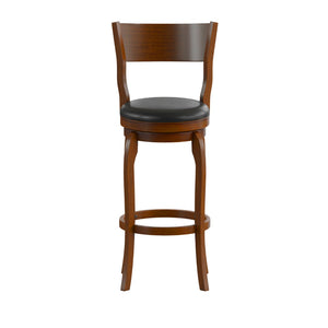 English Elm Commercial Grade Commercial Grade Classic Open Back Swivel Bar Height Pub Barstool with Bowed Wooden Frame and Padded LeatherSoft Seat, Antique Oak/Black