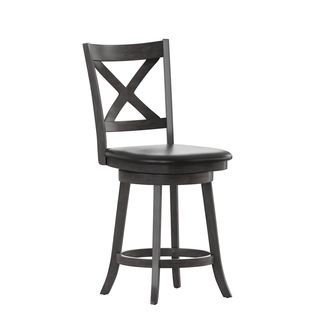 English Elm Commercial Grade Commercial Grade Wood Classic Crossback Swivel Counter Height Barstool with Padded Black LeatherSoft Seat, Wash Walnut