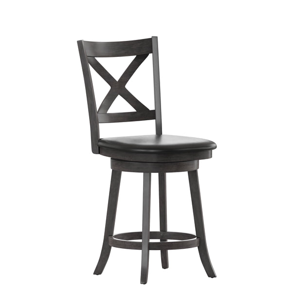English Elm Commercial Grade Commercial Grade Wood Classic Crossback Swivel Counter Height Barstool with Padded Black LeatherSoft Seat, Wash Walnut