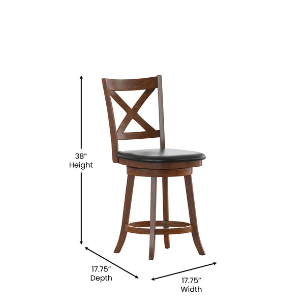 English Elm Commercial Grade Commercial Grade Wood Classic Crossback Swivel Counter Height Barstool with Padded Black LeatherSoft Seat, Antique Oak