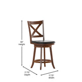 English Elm Commercial Grade Commercial Grade Wood Classic Crossback Swivel Counter Height Barstool with Padded Black LeatherSoft Seat, Antique Oak