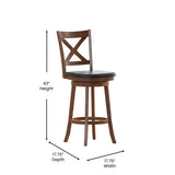 English Elm Commercial Grade Commercial Grade Wood Classic Crossback Swivel Bar Height Barstool with Padded Black LeatherSoft Seat, Antique Oak