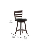 English Elm Commercial Grade Commercial Grade Wood Classic Ladderback Swivel Counter Height Barstool with Padded Black LeatherSoft Seat, Espresso