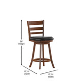 English Elm Commercial Grade Commercial Grade Wood Classic Ladderback Swivel Counter Height Barstool with Padded Black LeatherSoft Seat, Antique Oak