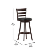 English Elm Commercial Grade Commercial Grade Wood Classic Ladderback Swivel Bar Height Barstool with Padded Black LeatherSoft Seat, Espresso