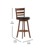 English Elm Commercial Grade Commercial Grade Wood Classic Ladderback Swivel Bar Height Barstool with Padded Black LeatherSoft Seat, Antique Oak