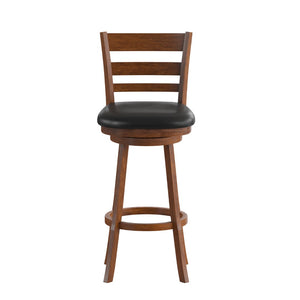 English Elm Commercial Grade Commercial Grade Wood Classic Ladderback Swivel Bar Height Barstool with Padded Black LeatherSoft Seat, Antique Oak