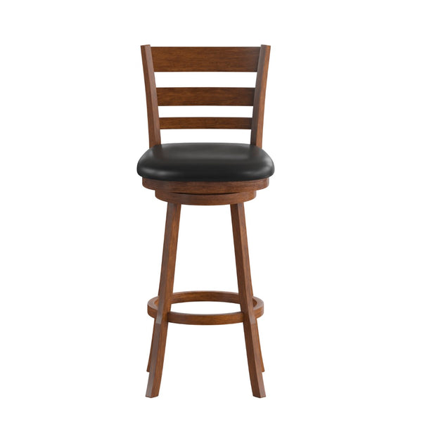 English Elm Commercial Grade Commercial Grade Wood Classic Ladderback Swivel Bar Height Barstool with Padded Black LeatherSoft Seat, Antique Oak