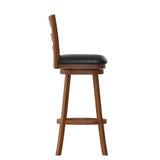 English Elm Commercial Grade Commercial Grade Wood Classic Ladderback Swivel Bar Height Barstool with Padded Black LeatherSoft Seat, Antique Oak