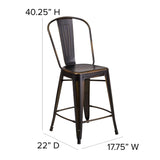 English Elm Commercial Grade Commercial Grade 24" High Distressed Metal Indoor-Outdoor Counter Height Stool with Back