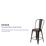 English Elm Commercial Grade Commercial Grade 24" High Distressed Metal Indoor-Outdoor Counter Height Stool with Back