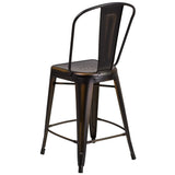 English Elm Commercial Grade Commercial Grade 24" High Distressed Metal Indoor-Outdoor Counter Height Stool with Back