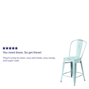 English Elm Commercial Grade Commercial Grade 24" High Distressed Metal Indoor-Outdoor Counter Height Stool with Back