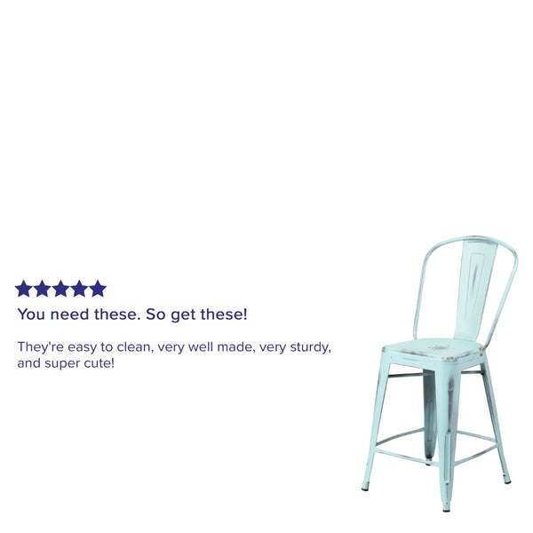 English Elm Commercial Grade Commercial Grade 24" High Distressed Metal Indoor-Outdoor Counter Height Stool with Back