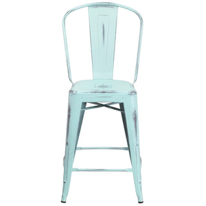 English Elm Commercial Grade Commercial Grade 24" High Distressed Metal Indoor-Outdoor Counter Height Stool with Back