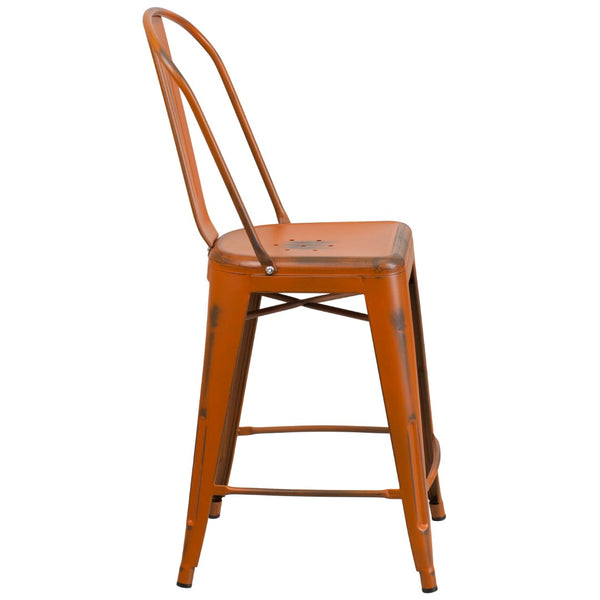 English Elm Commercial Grade Commercial Grade 24" High Distressed Metal Indoor-Outdoor Counter Height Stool with Back