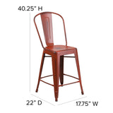 English Elm Commercial Grade Commercial Grade 24" High Distressed Metal Indoor-Outdoor Counter Height Stool with Back