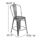 English Elm Commercial Grade Commercial Grade 24" High Distressed Metal Indoor-Outdoor Counter Height Stool with Back