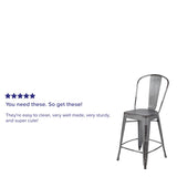 English Elm Commercial Grade Commercial Grade 24" High Distressed Metal Indoor-Outdoor Counter Height Stool with Back