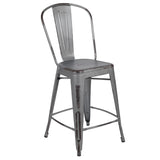 English Elm Commercial Grade Commercial Grade 24" High Distressed Metal Indoor-Outdoor Counter Height Stool with Back