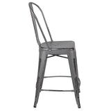 English Elm Commercial Grade Commercial Grade 24" High Distressed Metal Indoor-Outdoor Counter Height Stool with Back