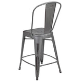 English Elm Commercial Grade Commercial Grade 24" High Distressed Metal Indoor-Outdoor Counter Height Stool with Back