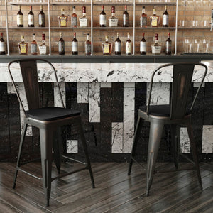 English Elm Commercial Grade Commercial Grade 24" High Copper Metal Indoor-Outdoor Counter Height Stool with Back with Black Poly Resin Wood Seat